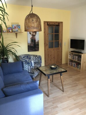 Fernseher, DVD-Player, Bücher, Videothek