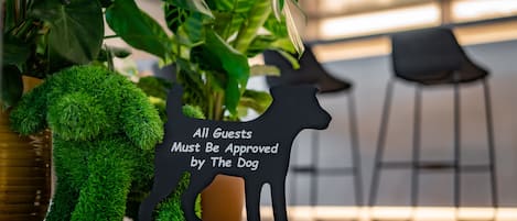 A decorative dog figurine with a sign that reads "All Guests Must Be Approved by The Dog" in a modern interior setting.