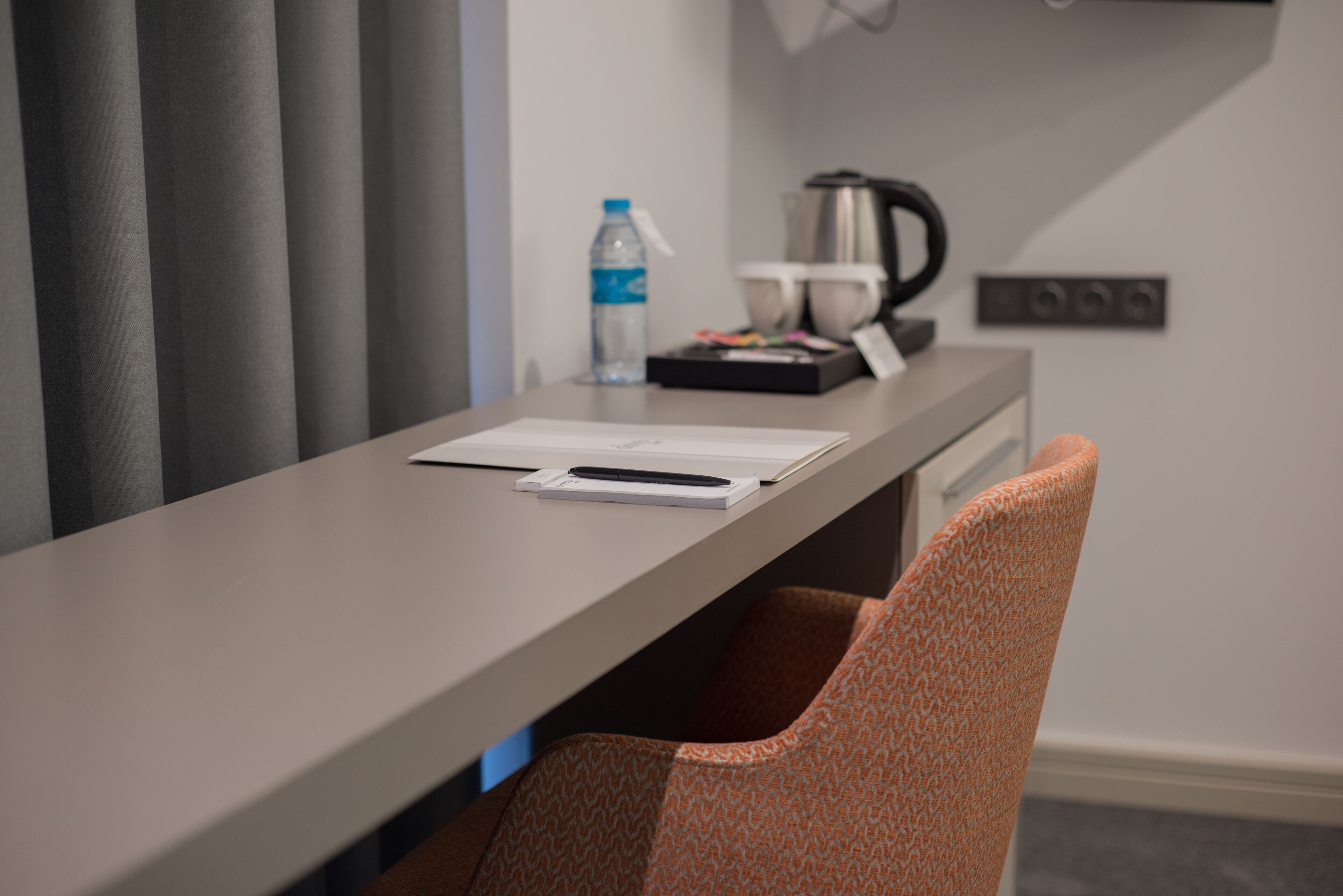 premium bedding, minibar, desk, laptop workspace