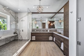 Bathtub, hair dryer, bidet, towels