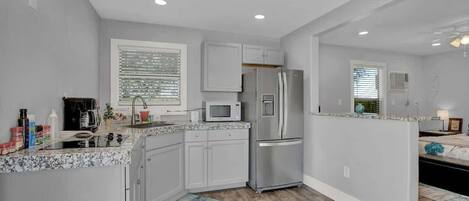 Frigorífico, microondas, placa de cocina y lavavajillas