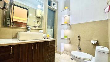 Shower, hair dryer, bidet, towels