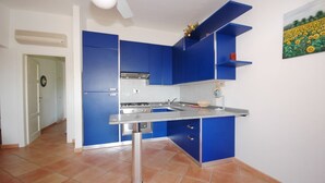 Une cuisine compacte avec des meubles bleus, un plan de travail en acier inoxydable et un pare-feu en carreaux.