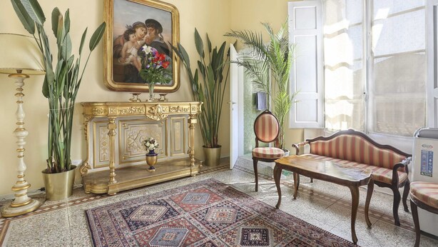 A room with a patterned rug, a sofa, a table, a fireplace, and large potted plants. - Lullaby Suite (Florence)