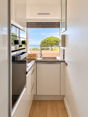 A compact kitchen with a built-in oven, a sink, and a window overlooking a scenic view.