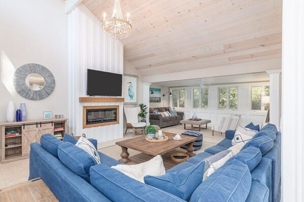 Smart TV, fireplace, books