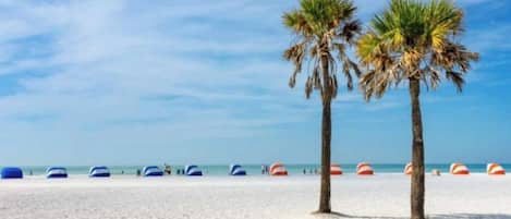 Plage à proximité, chaises longues, serviettes de plage