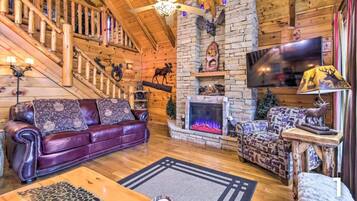 Smart TV, fireplace, DVD player, books