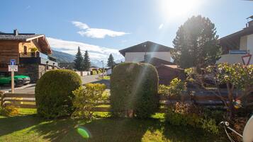 A residential area with a wooden house, a modern building, and a mountain backdrop.