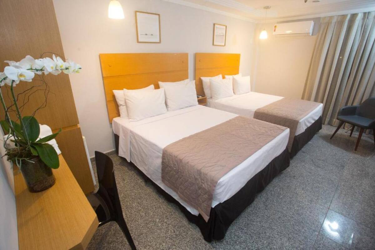 Habitación de hotel con dos camas, un escritorio con silla, una planta en maceta y otra silla.