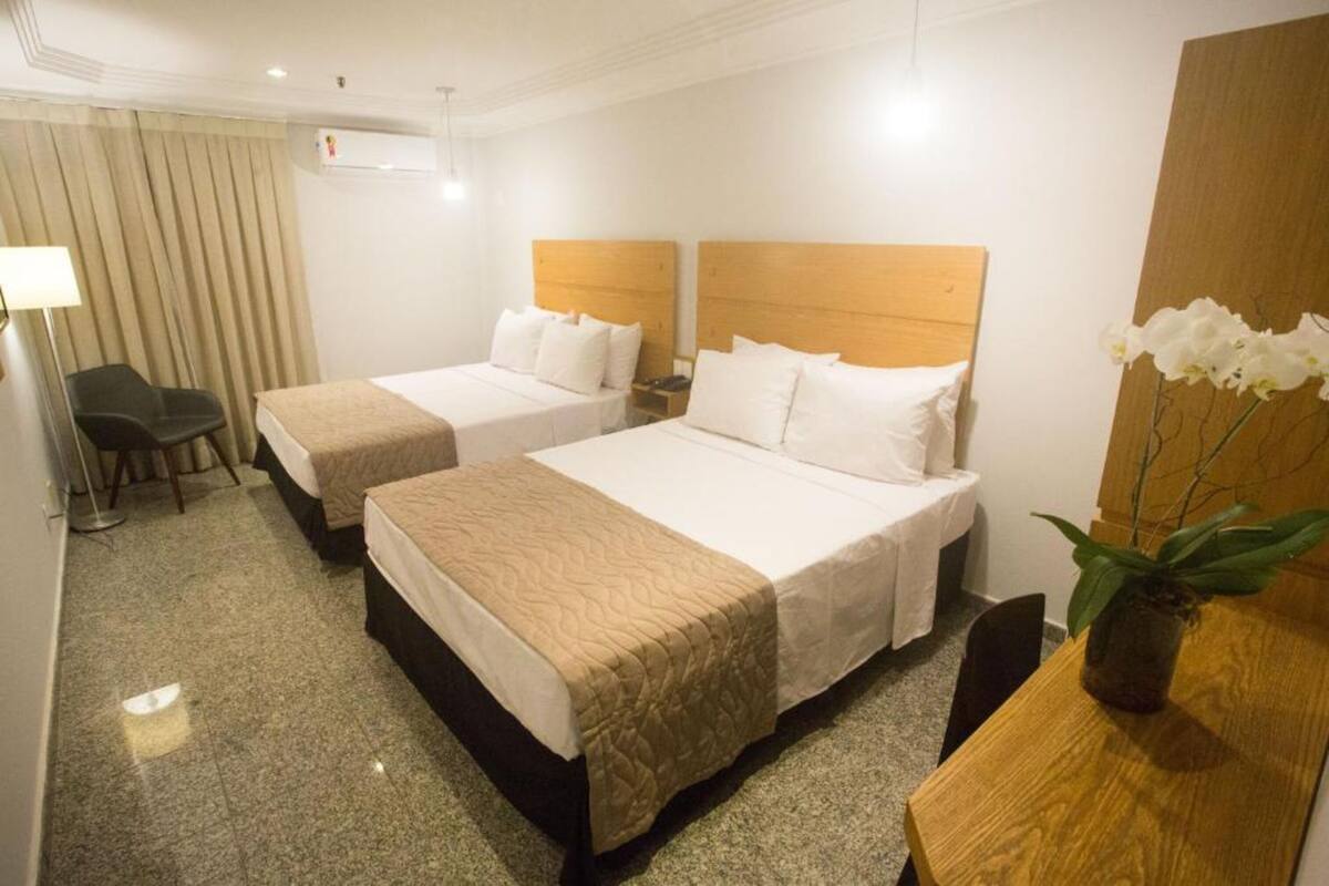 Habitación de hotel con dos camas, un escritorio, una silla y una planta en maceta.