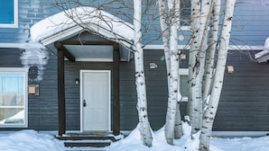 Una casa con fachada oscura, una puerta blanca y un jardín delantero cubierto de nieve con abedules.