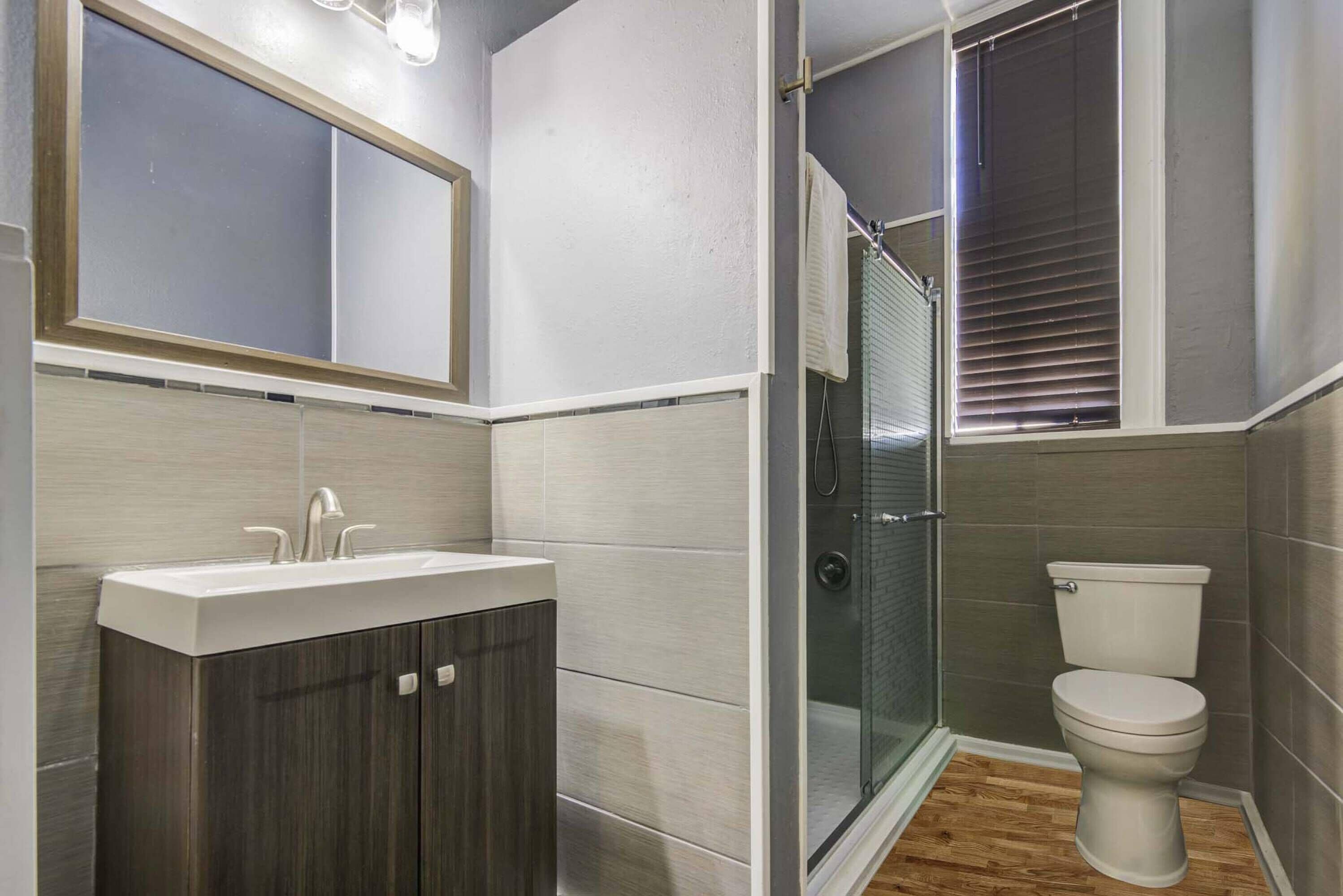 A bathroom with a shower, toilet, and vanity.