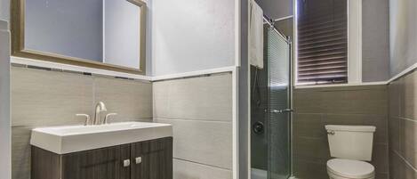 A bathroom with a shower, toilet, and vanity.
