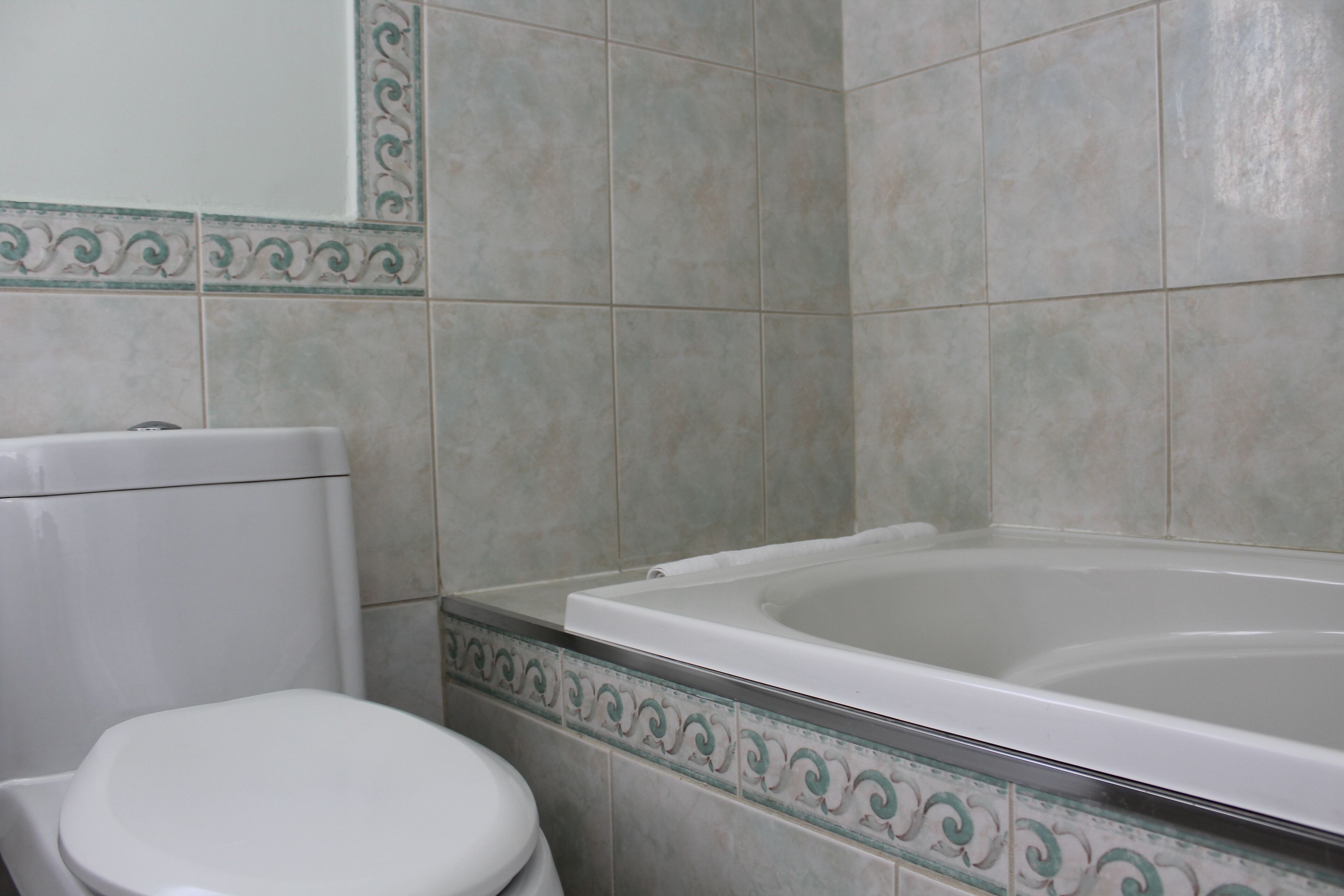 A bathroom with a toilet and a bathtub.