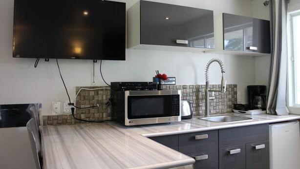 A modern kitchen with a flat-screen TV, a microwave, a coffee maker, and a sink. - Le Marigot (Vaudreuil)