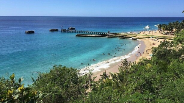 A beach with clear turquoise water, a pier extending into the sea, and lush greenery in the foreground.