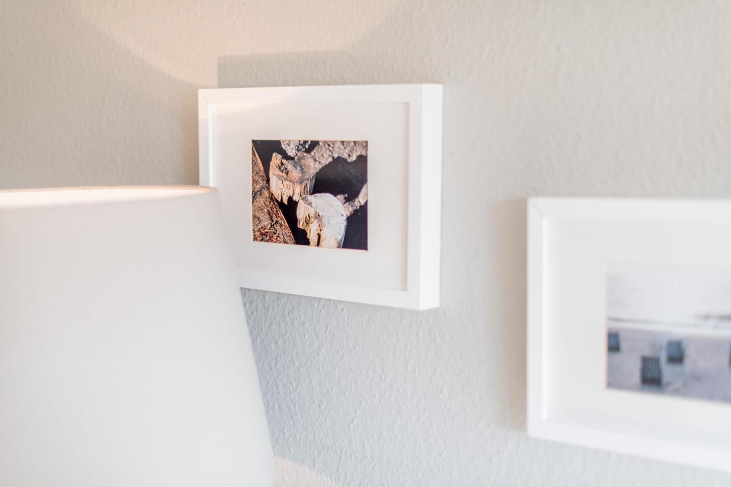 A framed picture of a tree branch on a wall.