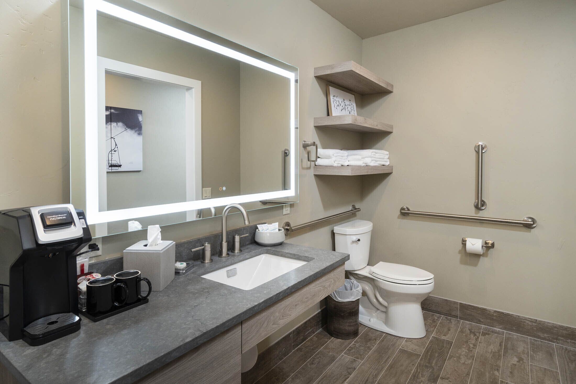 room | bathroom | hair dryer, towels, soap, shampoo