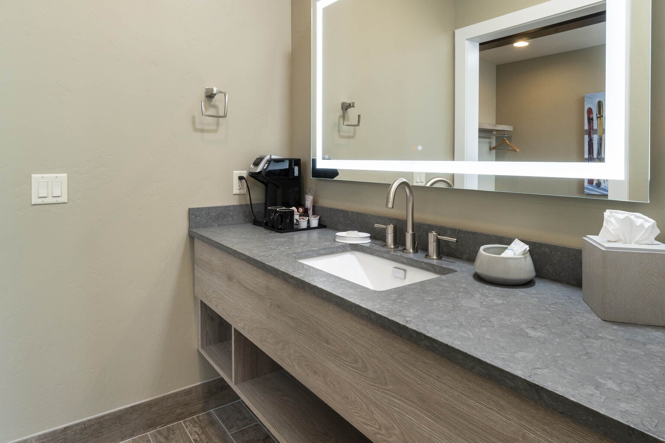 room | bathroom | hair dryer, towels, soap, shampoo