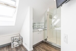 Shower, hair dryer, towels