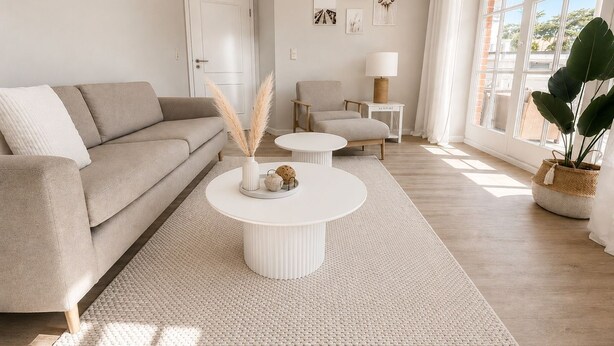 A living room with a sofa, two round coffee tables, a chair, a lamp, and a large window with curtains. - A Love for the Coast – The Baltic Sea Up Close - TECHT's Beach House (Timmendorfer Strand)