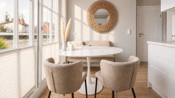 Un'area pranzo moderna con un tavolo rotondo, due sedie, uno specchio decorativo e vista all'esterno.