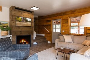 Fernseher, Kamin, DVD-Player, Bücher