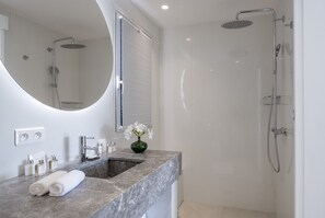 Shower, hair dryer, towels