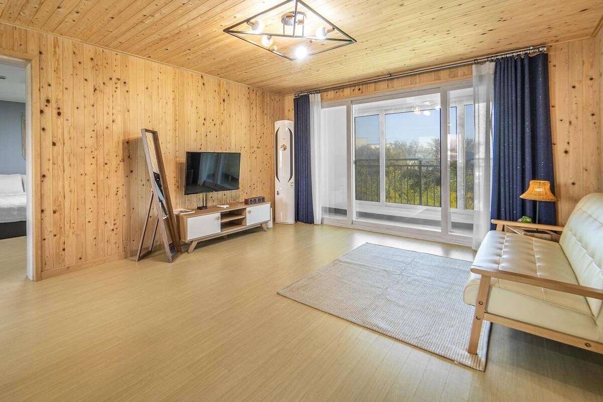 Une pièce aux murs en bois, avec un lit, une télévision, un radiateur, un canapé et une vue sur l’extérieur grâce à de grandes fenêtres.