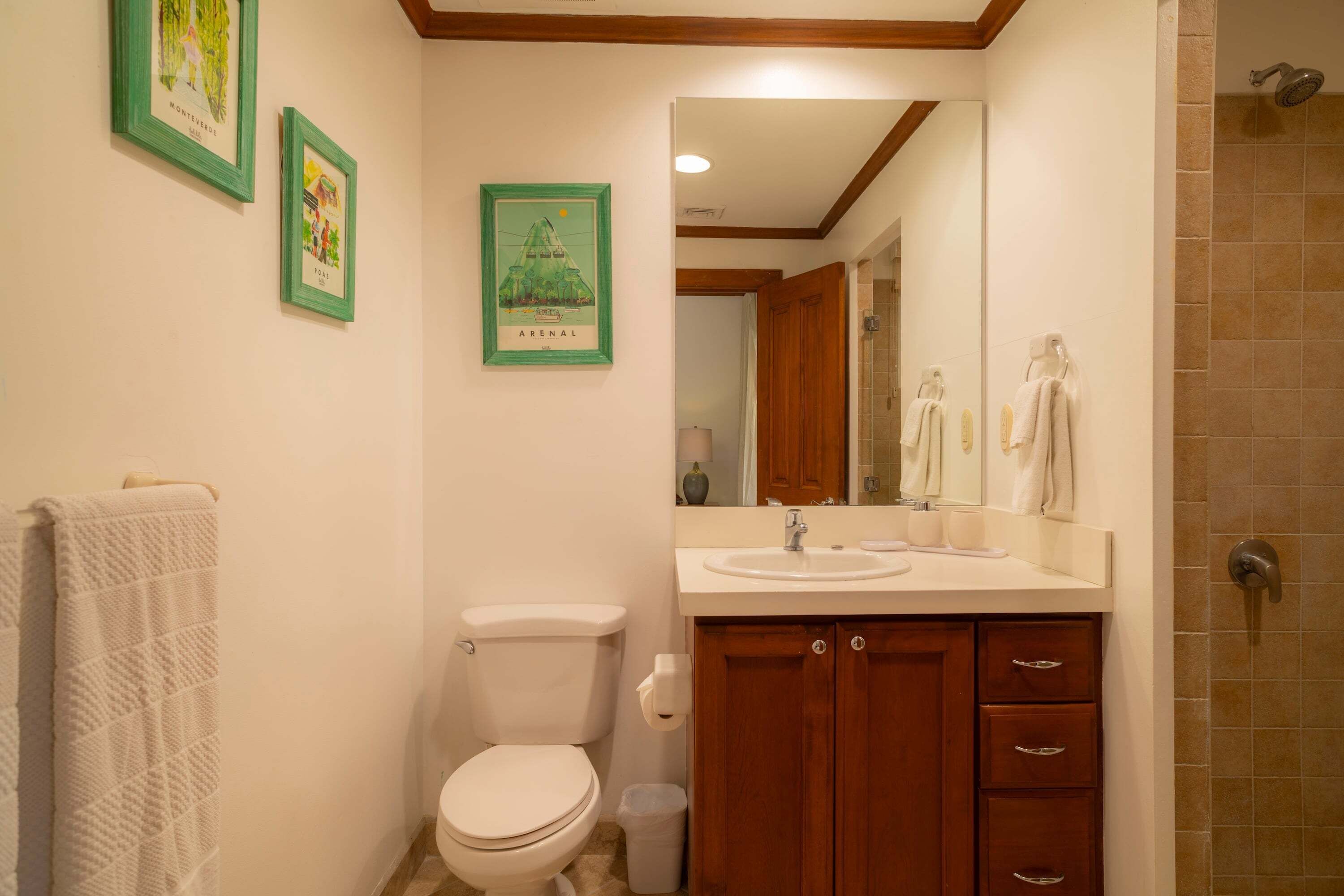 A bathroom with a toilet, sink, mirror, and shower. There are framed pictures on the wall.