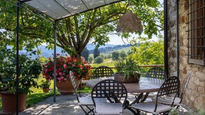 Un patio al aire libre con una mesa y sillas, rodeado de plantas en macetas y vistas al campo.