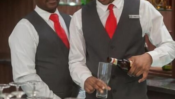 Two bartenders in a bar setting, one pouring a drink into a glass.