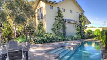A two-story house with a swimming pool, surrounded by trees and shrubs.