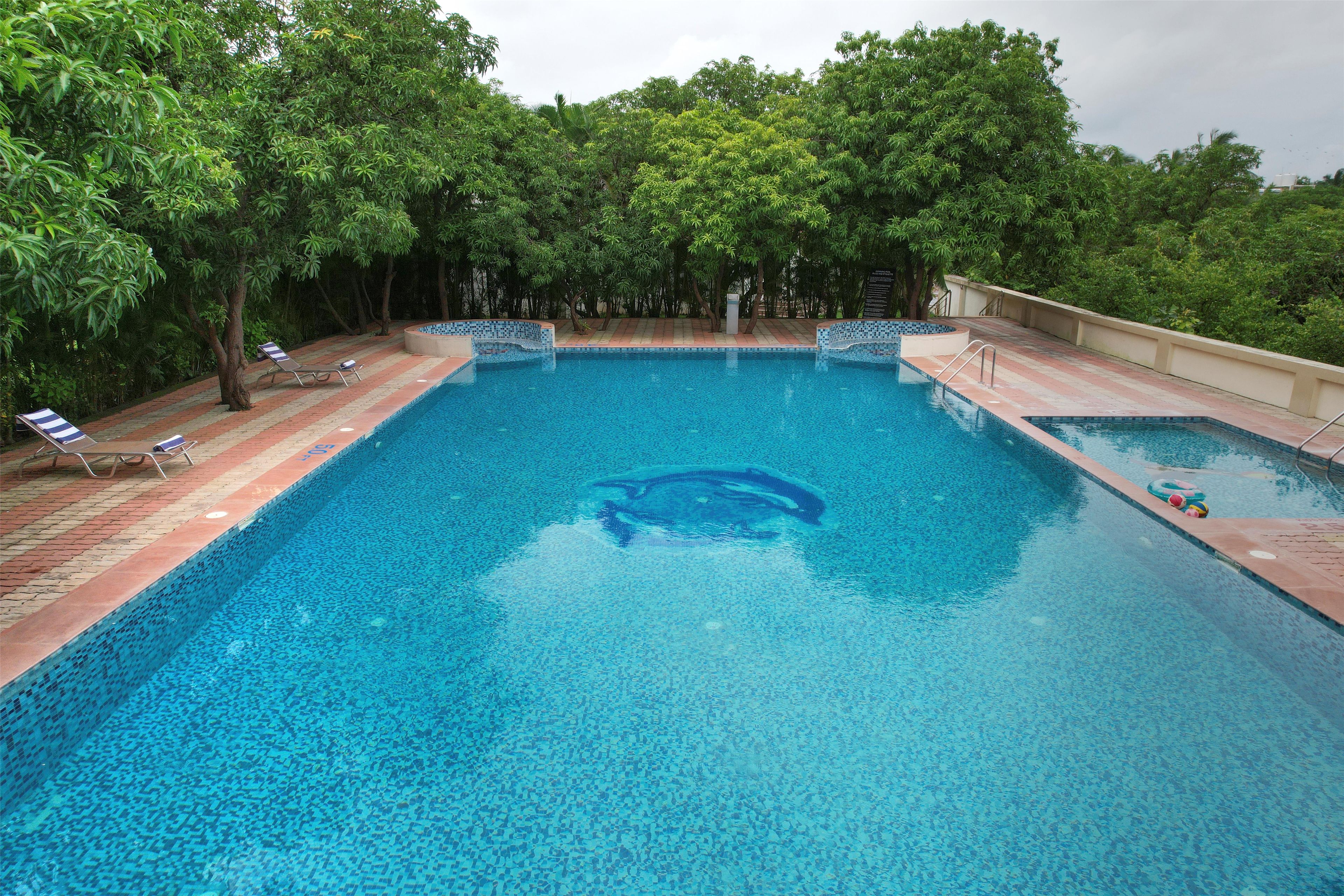 Une piscine rectangulaire à l’eau d’un bleu limpide, entourée d’une terrasse en briques et d’arbres.