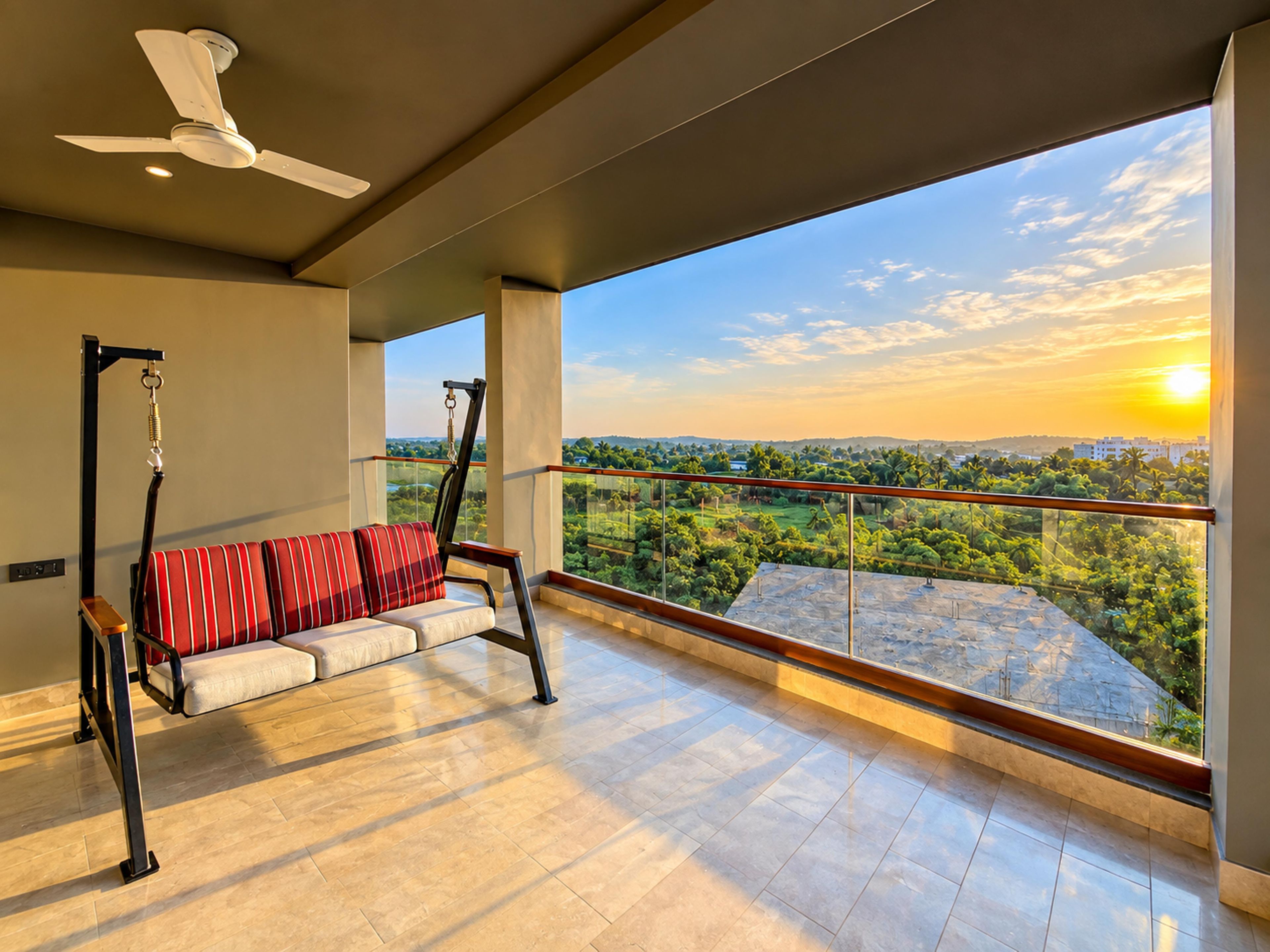 Un balcon avec un fauteuil suspendu, un ventilateur de plafond et une vue sur un paysage au coucher du soleil.