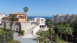 Un quartier résidentiel situé sur la côte, où l’on trouve une maison remarquable, caractérisée par un mur en pierre, un palmier et une vue sur la mer.