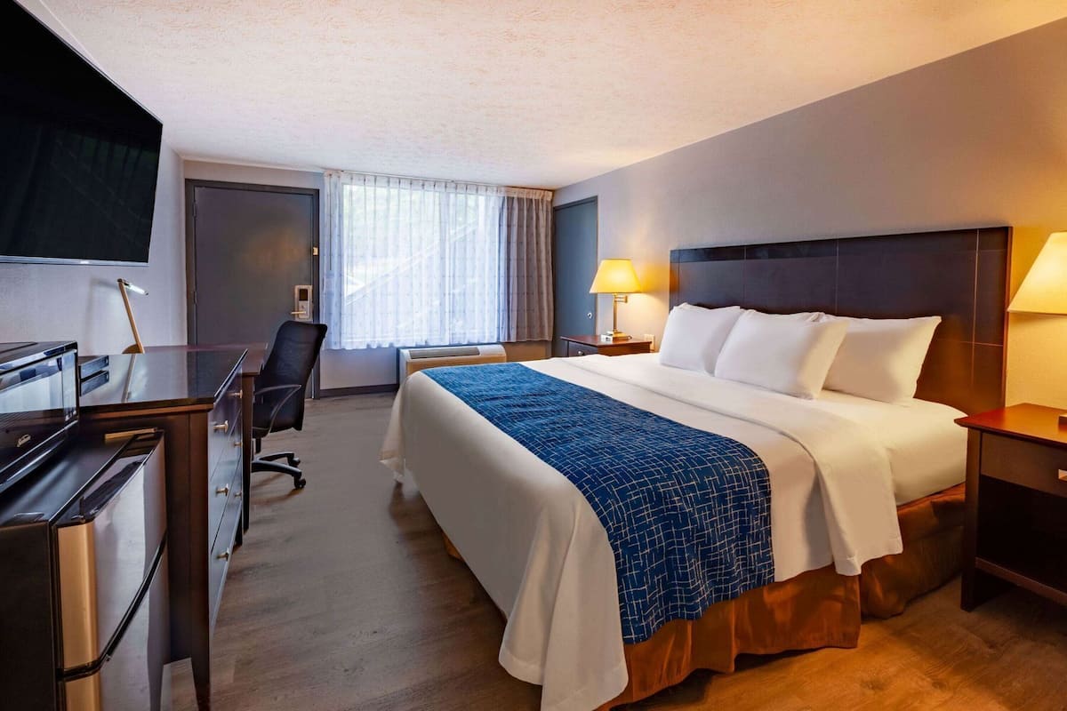 A hotel room with a bed, desk, chair, television, and a window with curtains.