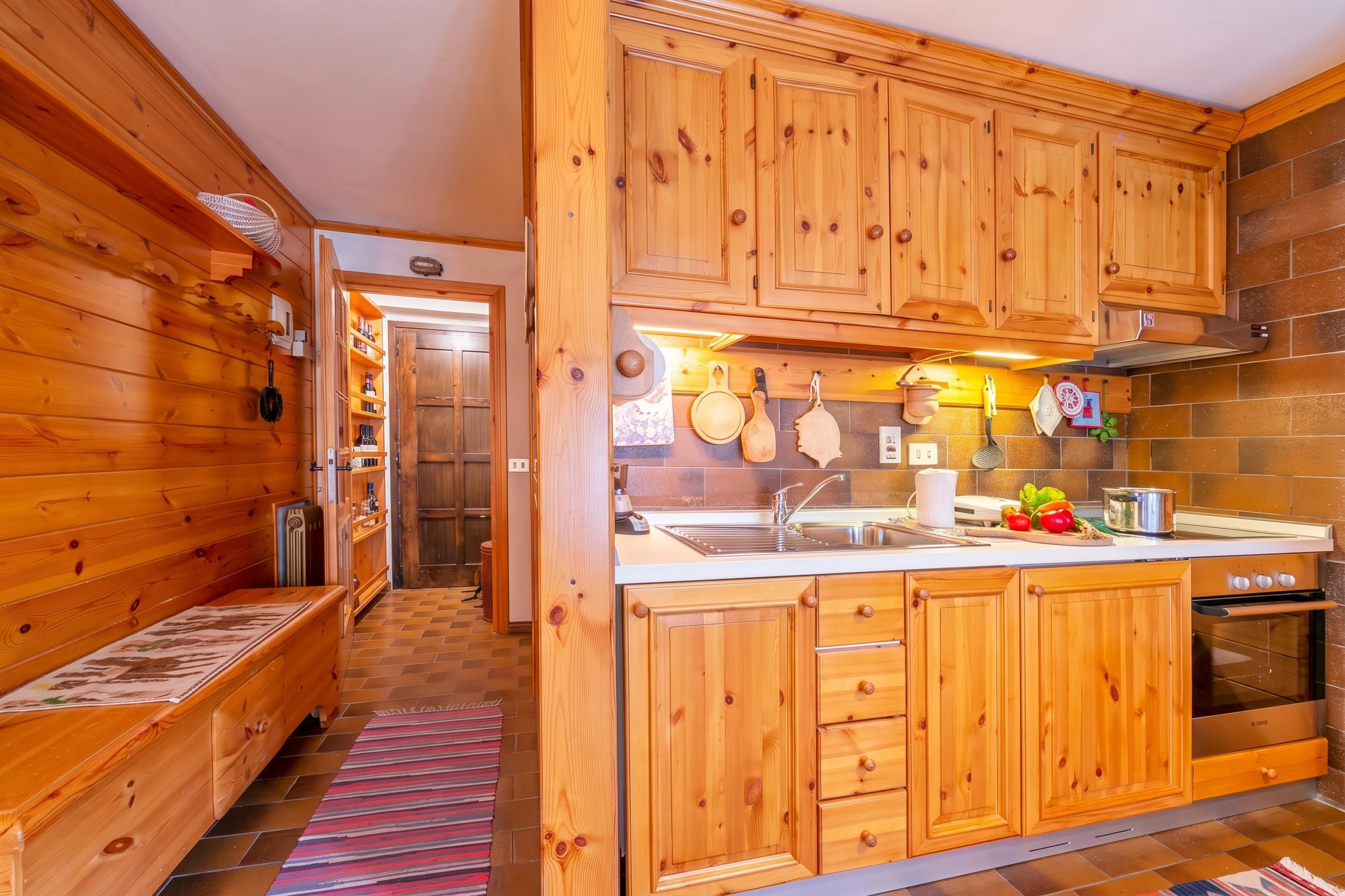 A wooden interior with a kitchen area featuring cabinets, a sink, and a stove.