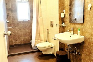 Dusche, Haartrockner, Handtücher, Seife