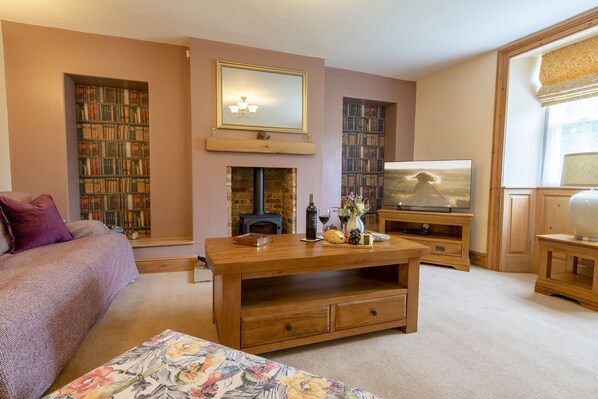 Televisión, chimenea y reproductor de DVD 