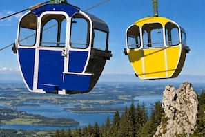Two cable cars, one blue and one yellow, suspended above a landscape with lakes and forested areas. - Kampenwand Apartment (Aschau im Chiemgau)