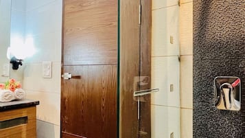 Shower, hair dryer, soap, shampoo