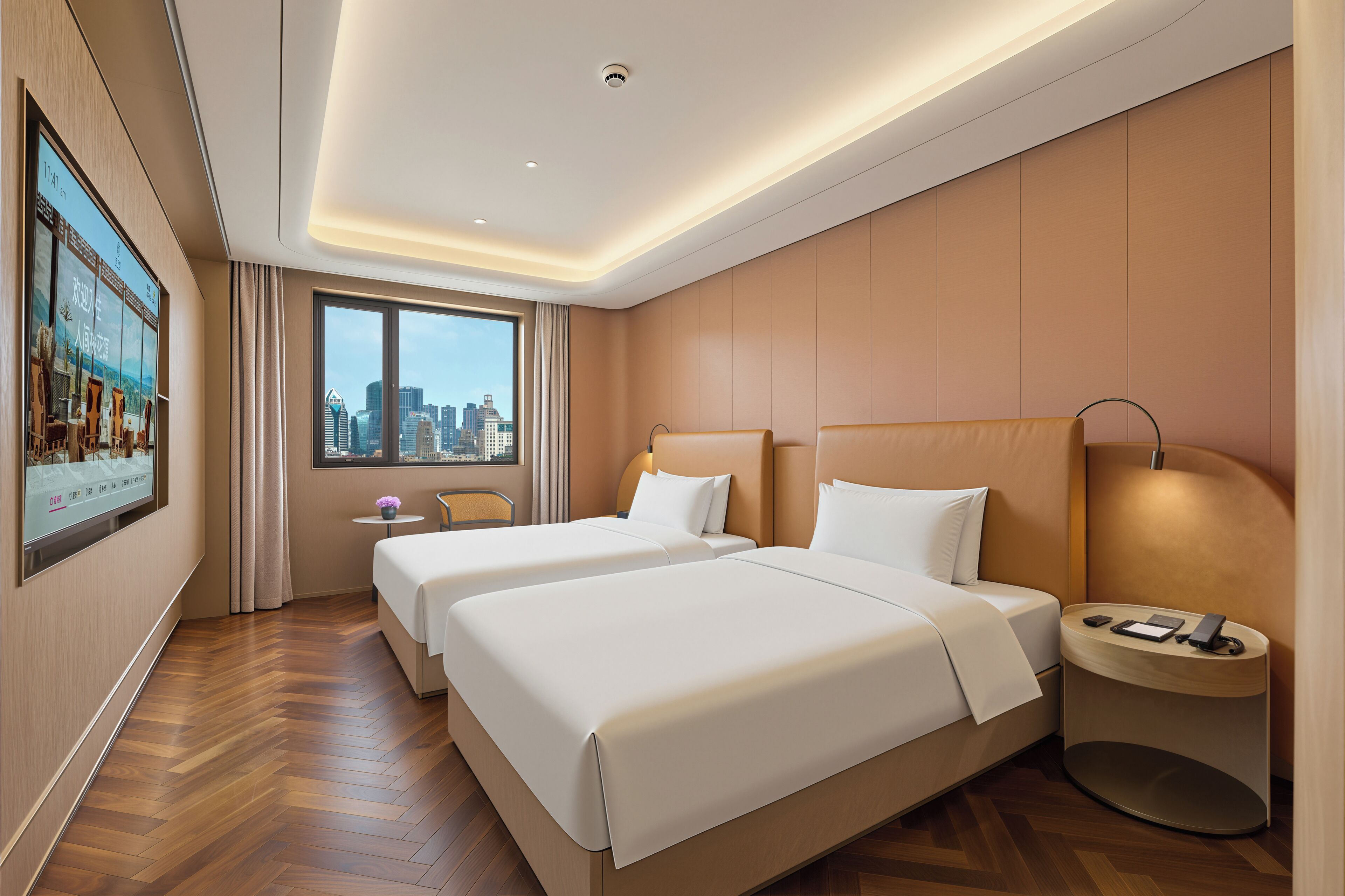 A hotel room with two beds, a view of the city, and a digital clock on the wall.