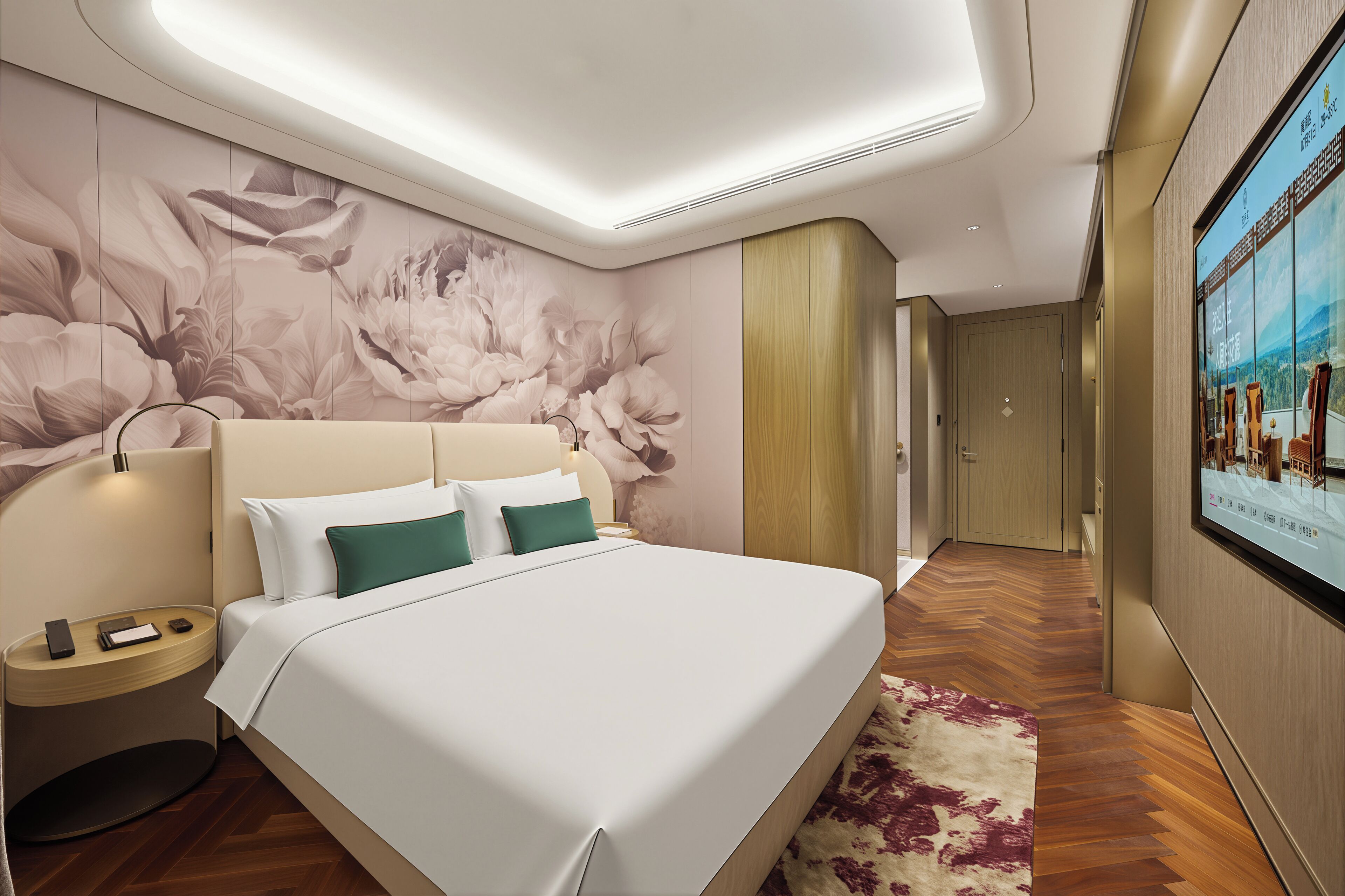 Een moderne hotelkamer met een groot bed, een nachtkastje, een televisie aan de muur en een houten vloer.