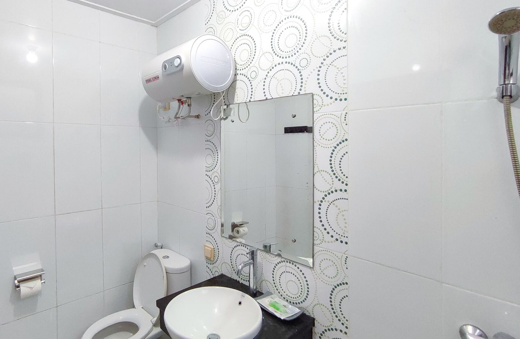 A bathroom with a toilet, sink, mirror, and a handheld showerhead.
