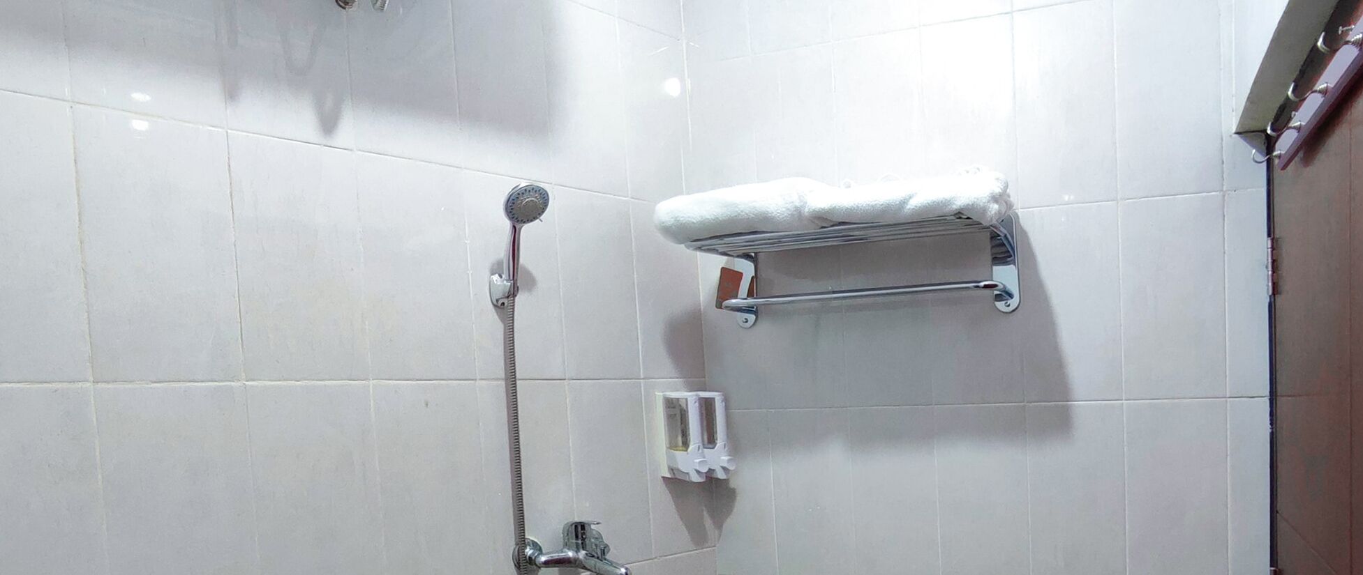 A shower area with a handheld showerhead, a towel rack, and a soap dispenser.