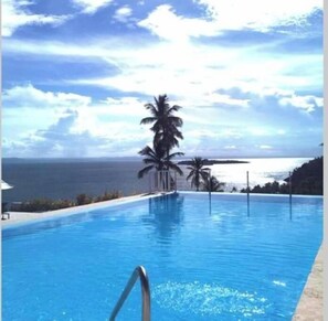A swimming pool with a view of the ocean and palm trees. - Vista Mare Ocean View Spacious 2-Bedroom (Samana)
