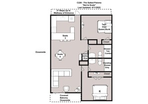A hotel room layout with a TV, twin over queen bunk, 3 seats, 4 seats, a covered balcony, and an oceanside view.