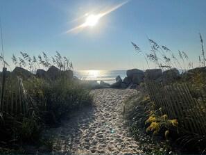 A sandy beach path leading to the ocean, surrounded by rocks and vegetation.